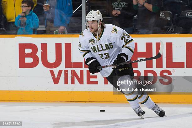 Tom Wandell of the Dallas Stars skates against the Nashville Predators during an NHL game at the Bridgestone Arena on April 12, 2013 in Nashville,...