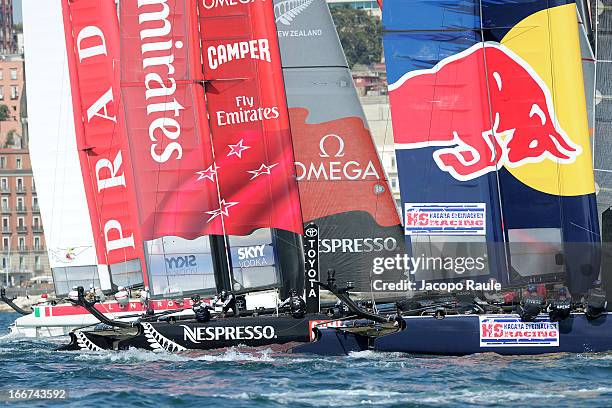 Teams sail during a practice race of the AC World Series Naples on April 16, 2013 in Naples, Italy.