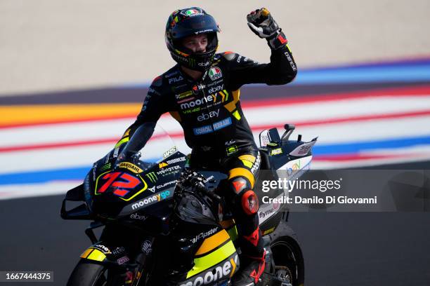 Marco Bezzecchi of Italy and Mooney VR46 Racing Team greet fans during free practice of the MotoGP Of San Marino at Misano World Circuit on September...