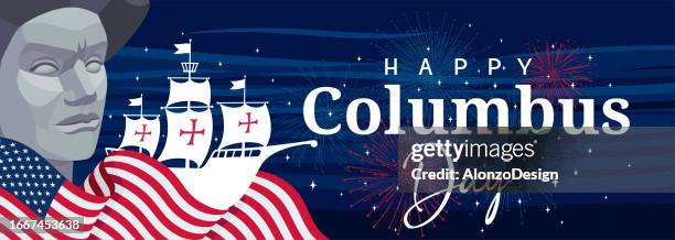 happy columbus day banner. - red sails stock illustrations