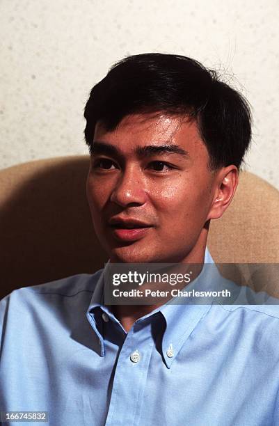 Democrat Party spokesman, Abhisit Vejjajiva, talks about the economic collapse of 1997 in his office at the Democrat party's headquarters..
