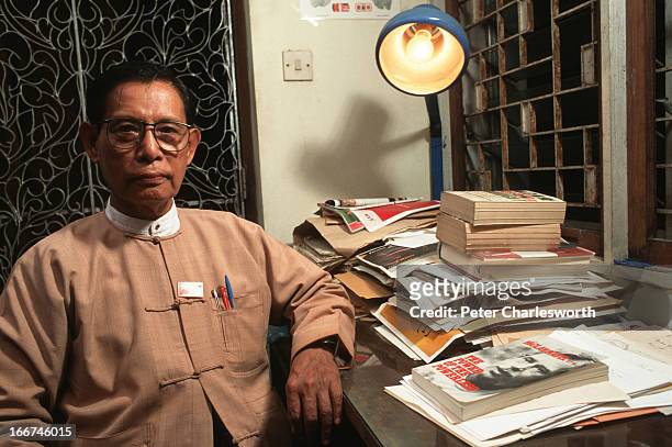 Portraits of U. Tin Oo sitting in his office at home. He is the spokesman and de facto second in command for the National League for Democracy under...