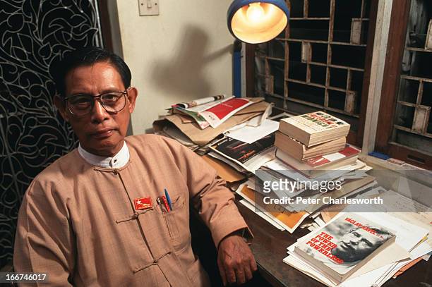 Portraits of U. Tin Oo sitting in his office at home. He is the spokesman and de facto second in command for the National League for Democracy under...