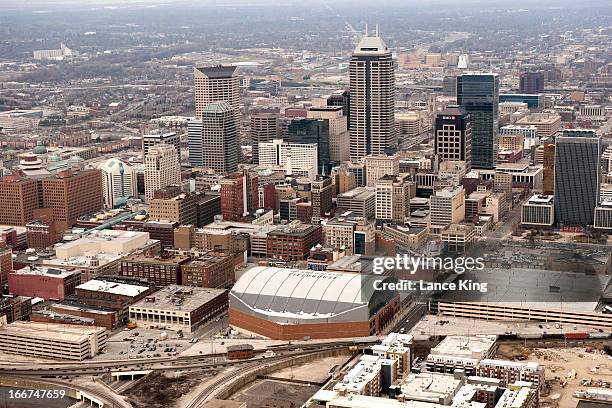 An aerial view of Bankers Life Fieldhouse and the downtown area during the Midwest Regional round of the 2013 NCAA Men's Basketball Tournament on...