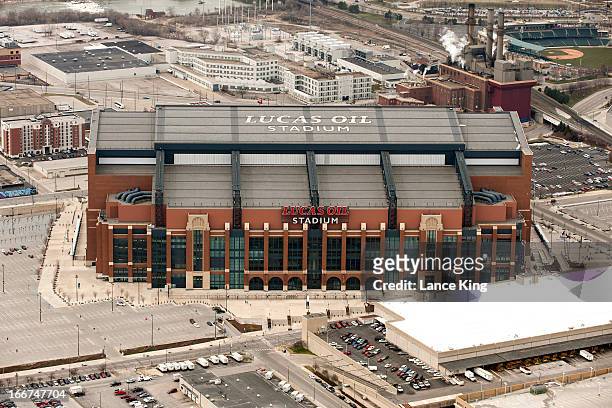 An aerial view of Lucas Oil Stadium during the Midwest Regional round of the 2013 NCAA Men's Basketball Tournament on March 30, 2013 in Indianapolis,...