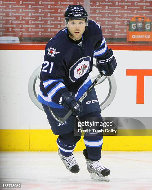 Aaron Gagnon of the Winnipeg Jets takes part in the pre-game warm up prior to NHL action against the Buffalo Sabres at the MTS Centre on April 9,...