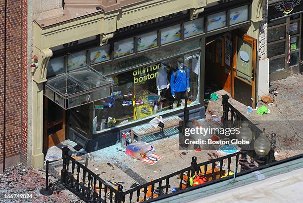 Boston Marathon Explosion aftermath. The scene on Boylston Street at the site of the first bomb explosion.