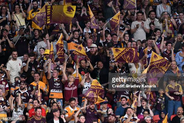 Broncos fans show their support during the NRL Qualifying Final match between the Brisbane Broncos and Melbourne Storm at Suncorp Stadium on...