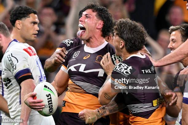 Jordan Riki of the Broncos celebrates with team mates after scoring a try during the NRL Qualifying Final match between the Brisbane Broncos and...