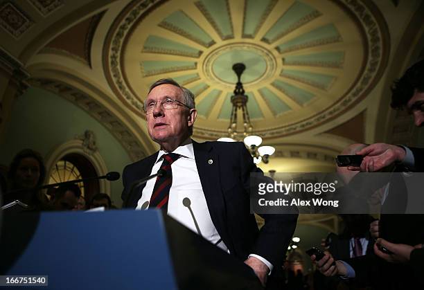 Senate Majority Leader Sen. Harry Reid speaks to members of the media during a news briefing April 16, 2013 on Capitol Hill in Washington, DC. Senate...