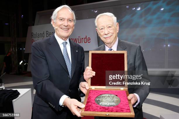 Roland Berger and Michael Blumenthal with an honor award at the awarding ceremony of the 'Roland Berger Human Dignity Award' at Jewish Museum Berlin...