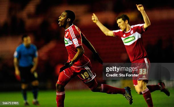 Middlesbrough forward Mustapha Carayol celebrates scoring the opening goal during the npower Championship match between Middlesbrough and Nottingham...