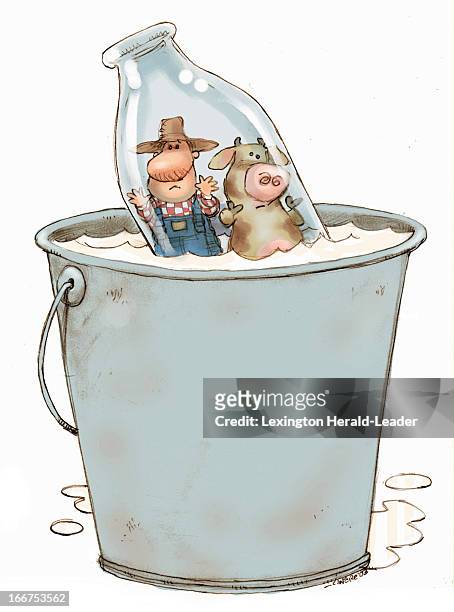 Col x 7.75 in / 146x197 mm / 497x670 pixels Chris Ware color illustration of a frowning farmer and cow floating in a milk bottle in a giant pail of...