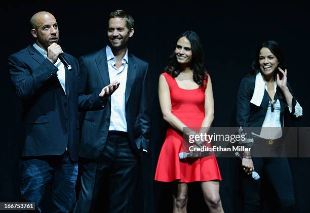 Actors Vin Diesel and Paul Walker, and actresses Jordana Brewster and Michelle Rodriguez attend a Universal Pictures presentation to promote their...