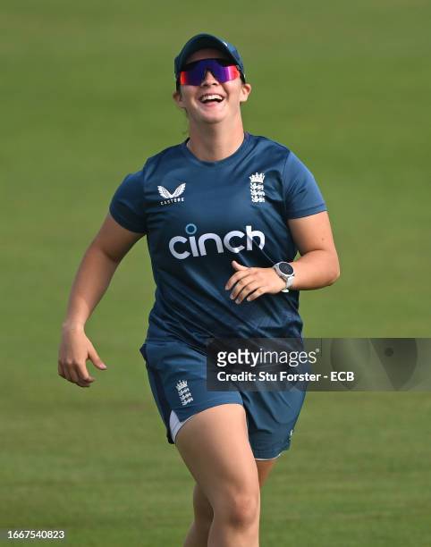 England player Alice Capsey smiles during England nets ahead of the 1st ODI against Sri Lanka at Seat Unique Riverside on September 08, 2023 in...