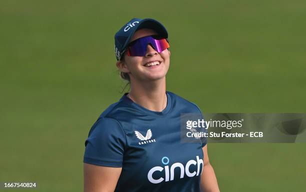 England player Alice Capsey smiles during England nets ahead of the 1st ODI against Sri Lanka at Seat Unique Riverside on September 08, 2023 in...