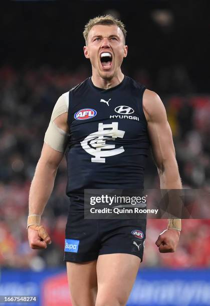 Patrick Cripps of the Blues celebrates kicking a goal during the First Elimination Final AFL match between Carlton Blues and Sydney Swans at...