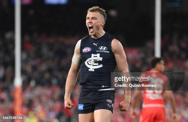 Patrick Cripps of the Blues celebrates kicking a goal during the First Elimination Final AFL match between Carlton Blues and Sydney Swans at...