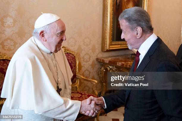 Pope Francis meets with Sylvester Stallone at the Apostolic Palace on September 08, 2023 in Vatican City, Vatican.