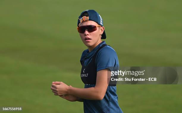 England bowler Issy Wong in action during England nets ahead of the 1st ODI against Sri Lanka at Seat Unique Riverside on September 08, 2023 in...