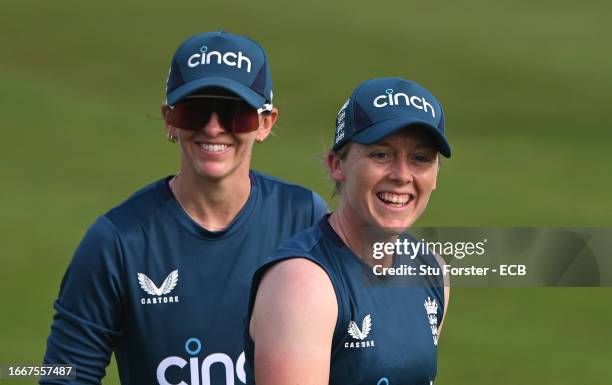 England captain Heather Knight and Kate Cross share a joke during England nets ahead of the 1st ODI against Sri Lanka at Seat Unique Riverside on...