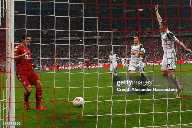 Mario Gomez of Muenchen scores the 4th team goal during the DFB Cup Semi Final match between Bayern Muenchen and VfL Wolfsburg at Allianz Arena on...