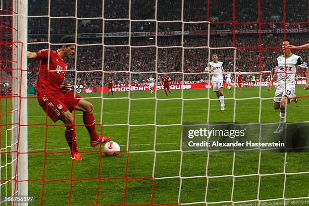 Mario Gomez of Muenchen scores the 4th team goal during the DFB Cup Semi Final match between Bayern Muenchen and VfL Wolfsburg at Allianz Arena on...