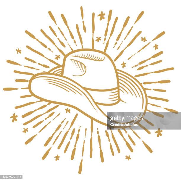 ilustrações de stock, clip art, desenhos animados e ícones de cowboy hat over gold rays hipster style - chapéu de cowboy