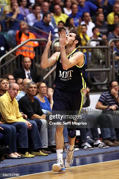 Rudy Fernandez, #5 of Real Madrid reacts during the Turkish Airlines Euroleague 2012-2013 Play Offs game 3 between Maccabi Electra Tel Aviv v Real...
