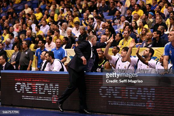 Pablo Laso, Head Coach of Real Madrid celebrates during the Turkish Airlines Euroleague 2012-2013 Play Offs game 3 between Maccabi Electra Tel Aviv v...