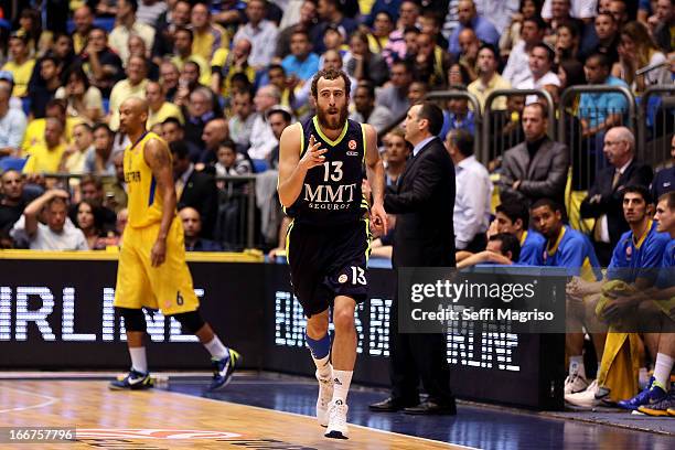 Sergio Rodriguez, #13 of Real Madrid reacts during the Turkish Airlines Euroleague 2012-2013 Play Offs game 3 between Maccabi Electra Tel Aviv v Real...