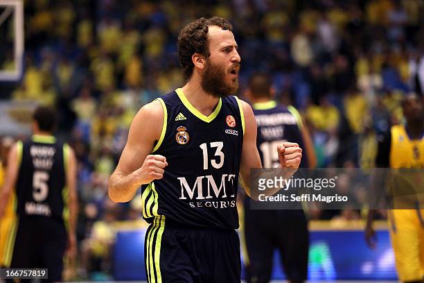 Sergio Rodriguez, #13 of Real Madrid reacts during the Turkish Airlines Euroleague 2012-2013 Play Offs game 3 between Maccabi Electra Tel Aviv v Real...