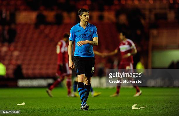 Dejected Forest defender Greg Halford reacts after the npower Championship match between Middlesbrough and Nottingham Forest at Riverside Stadium on...