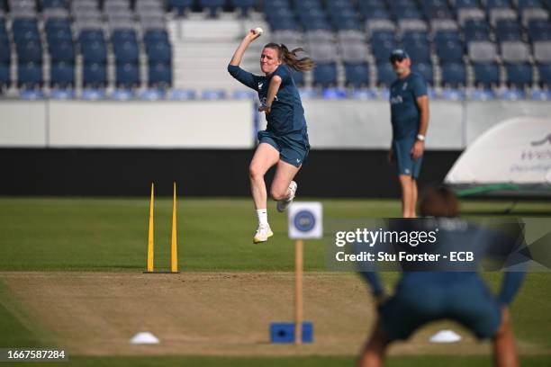 England bowler Lauren Filer in action during England nets ahead of the 1st ODI against Sri Lanka at Seat Unique Riverside on September 08, 2023 in...