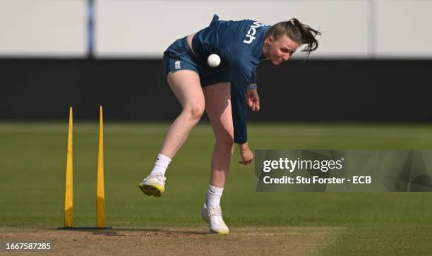 England bowler Lauren Filer in action during England nets ahead of the 1st ODI against Sri Lanka at Seat Unique Riverside on September 08, 2023 in...