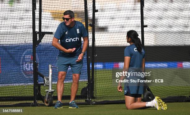 England Head Coach Jon Lewis with player Mahika Gaur during England nets ahead of the 1st ODI against Sri Lanka at Seat Unique Riverside on September...