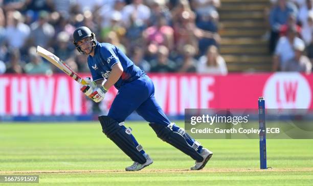 Harry Brook of England bats during the 1st Metro Bank One Day International between England and New Zealand at Sophia Gardens on September 08, 2023...