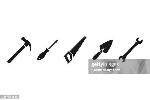 tools icon set. hammer, screwdriver, handsaw, trowel and wrench icon set vector design on white background. - screwdriver stock illustrations