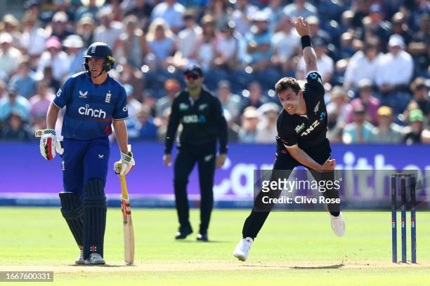 Matt Henry of New Zealand bowls a delivery during the 1st Metro Bank One Day International between England and New Zealand at Sophia Gardens on...