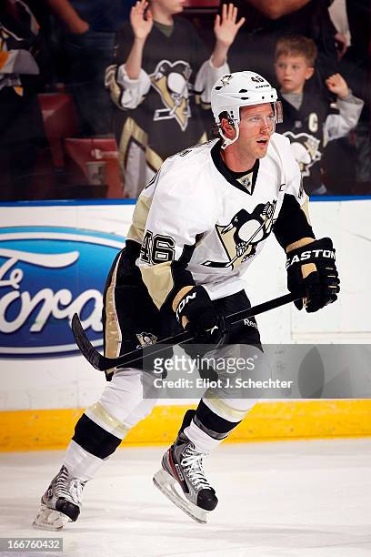 Joe Vitale of the Pittsburgh Penguins skates on the ice prior to the start of the game against the Florida Panthers at the BB&T Center on April 13,...