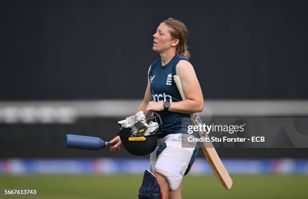 England captain Heather Knight looks on during England nets ahead of the 1st ODI against Sri Lanka at Seat Unique Riverside on September 08, 2023 in...