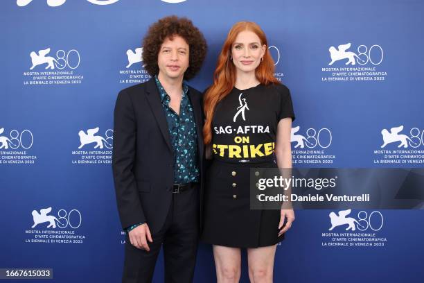 Michel Franco and Jessica Chastain attend a photocall for the movie "Memory" at the 80th Venice International Film Festival on September 08, 2023 in...