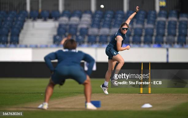 England captain Heather Knight in action during England nets ahead of the 1st ODI against Sri Lanka at Seat Unique Riverside on September 08, 2023 in...