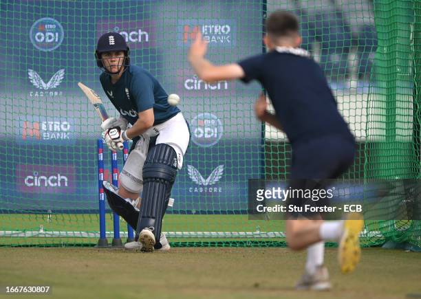 England batter Nat Sciver-Brunt in action during England nets ahead of the 1st ODI against Sri Lanka at Seat Unique Riverside on September 08, 2023...