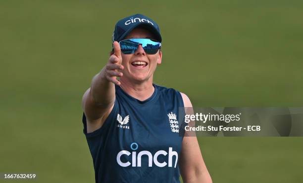 England captain Heather Knight smiles during England nets ahead of the 1st ODI against Sri Lanka at Seat Unique Riverside on September 08, 2023 in...