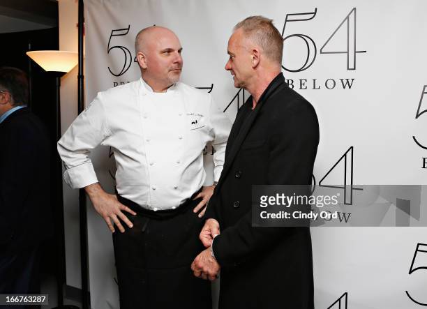 Below's Chef Andre Marrero visits with Sting backstage following Rita Wilson's performance at 54 Below on April 15, 2013 in New York City.