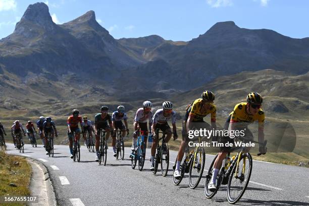 Emanuel Buchmann of Germany and Team BORA - Hansgrohe, Robert Gesink of The Netherlands and Jonas Vingegaard of Denmark and Team Jumbo-Visma compete...