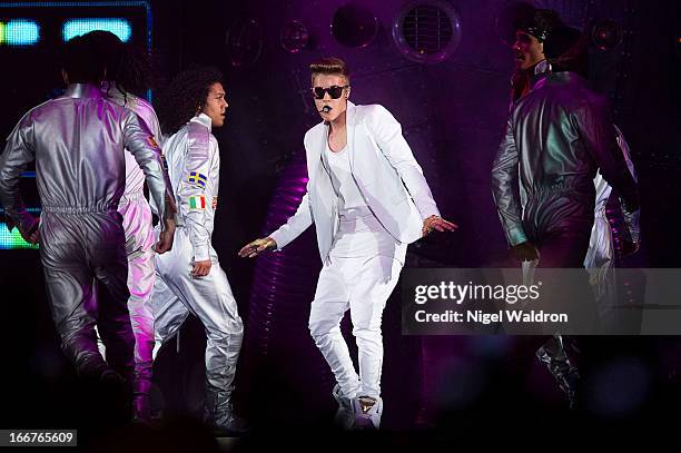 Justin Bieber performs on stage at Telenor Arena during the World Tour - Believe 2013 at Telenor Arena on April 16, 2013 in Oslo, Norway.