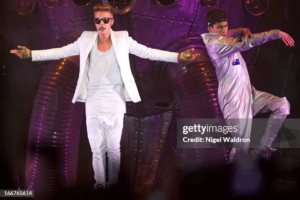Justin Bieber performs on stage at Telenor Arena during the World Tour - Believe 2013 at Telenor Arena on April 16, 2013 in Oslo, Norway.