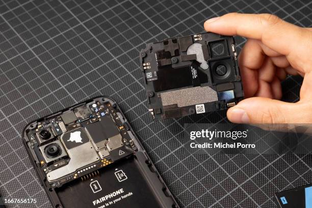 The replacement of the camera module, one of ten components of the Fairphone 5, the world’s first customer repairable mobile phone, can be replaced...